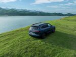 湖畔草地旁的蓝色SUV
