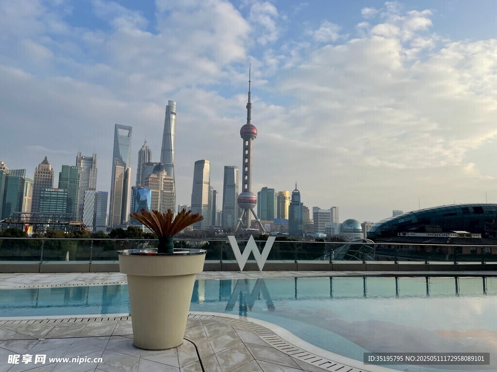 上海天际线旁的泳池景观