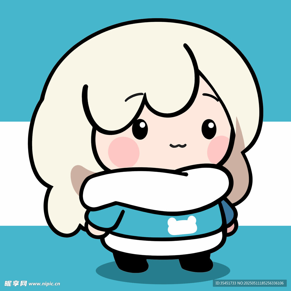 可爱卡通女孩穿蓝衣戴围巾