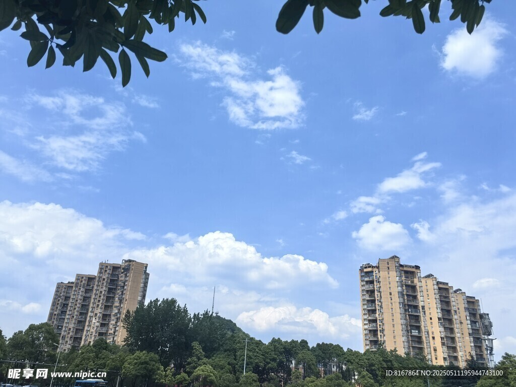 蓝天白云下的城市高楼