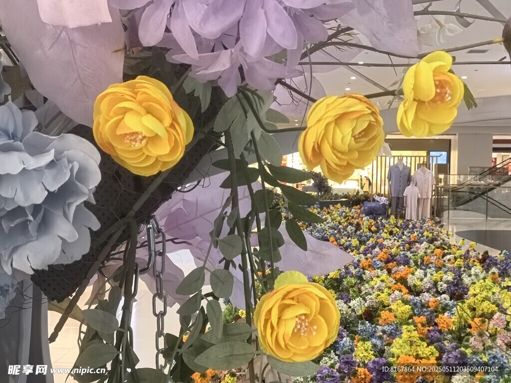 黄紫玫瑰绽放多彩花卉间