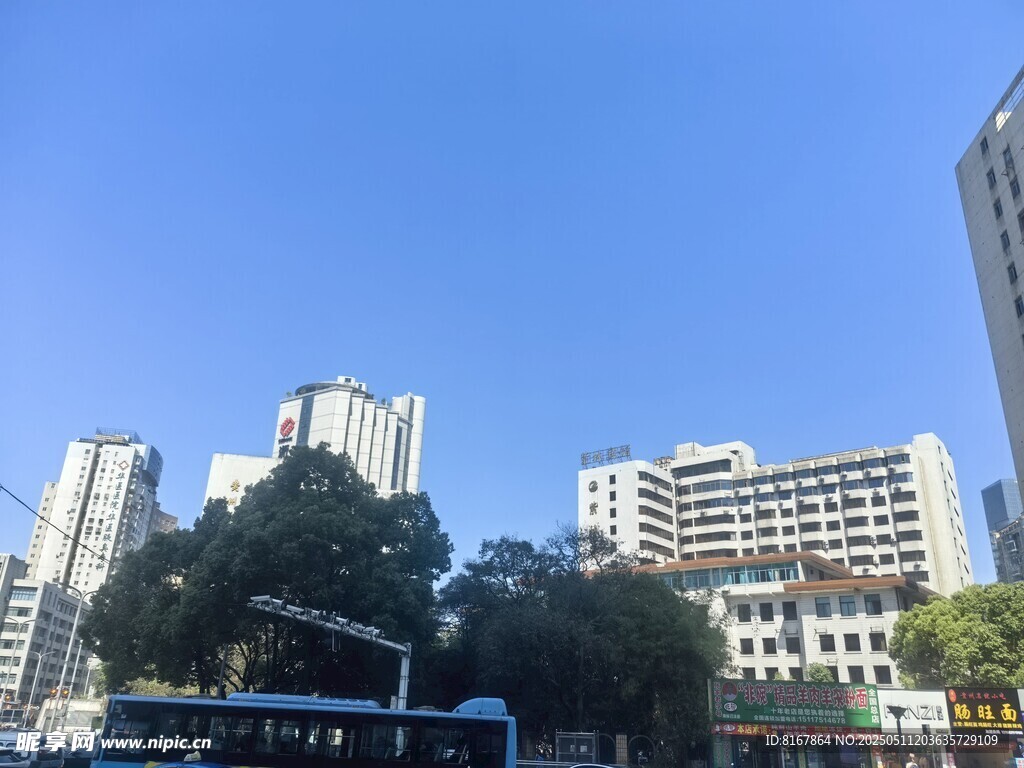 城市街景中的高楼与公交