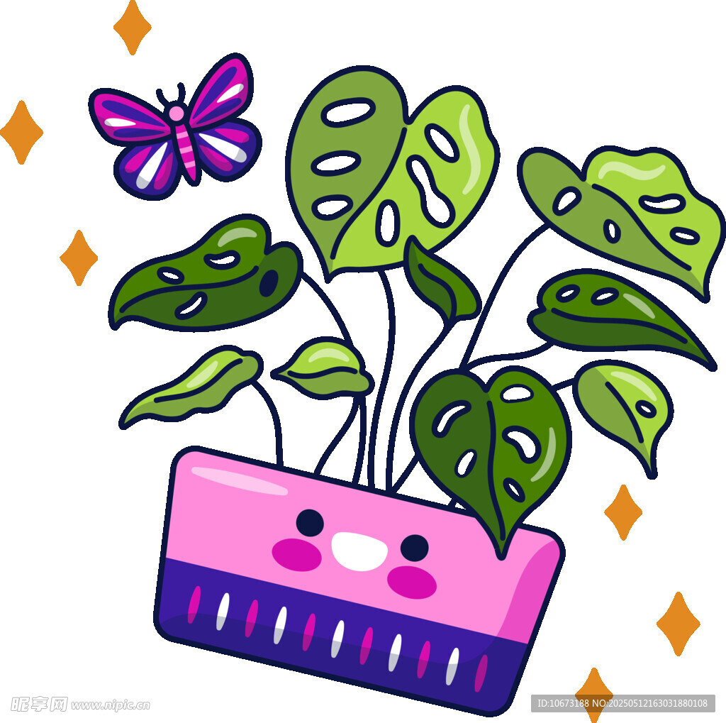 卡通绿植盆栽与蝴蝶