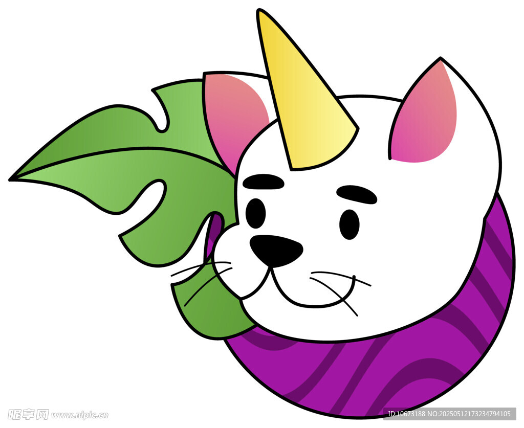 独角猫咪配绿叶萌趣形象