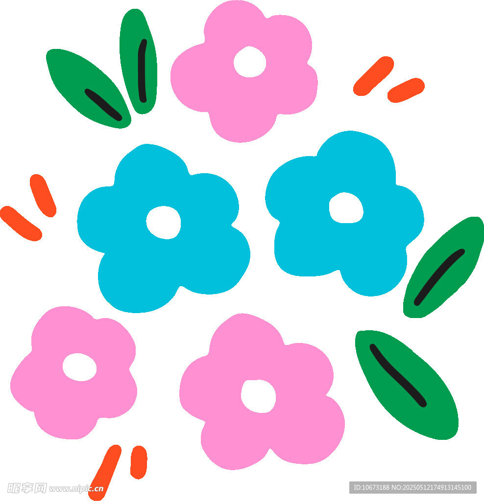 多彩花朵与绿叶图案