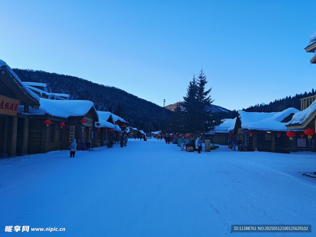 雪覆村庄的冬日静谧景象