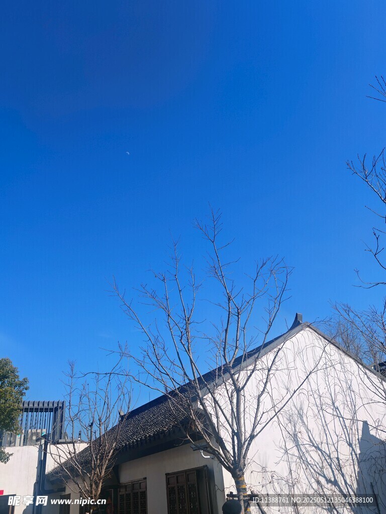 雪覆屋顶蓝天景
