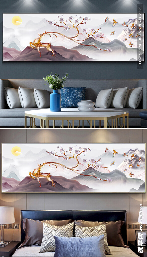 山水麋鹿床头画