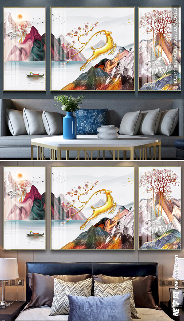 山水麋鹿客厅装饰画