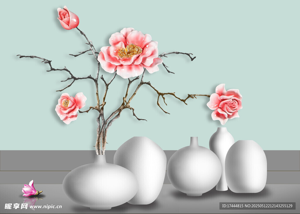 牡丹花卉浮雕花瓶装饰画