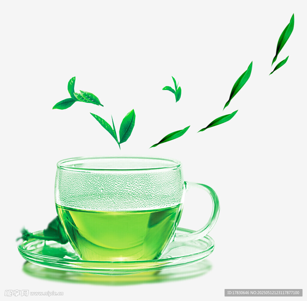 清新绿茶杯中飘出绿叶