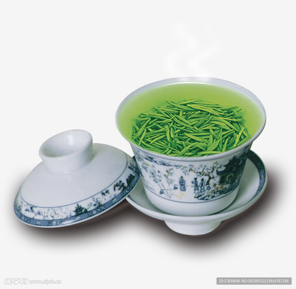 青花瓷盖碗泡嫩绿新茶