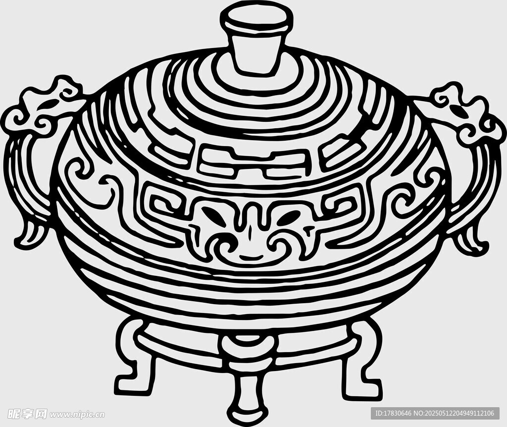 古典三足带盖纹饰青铜鼎