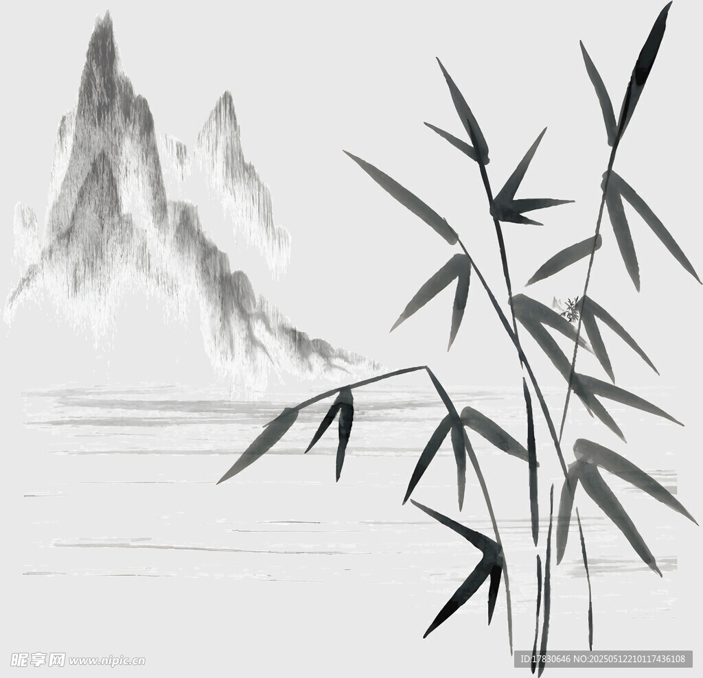 水墨竹影伴远山