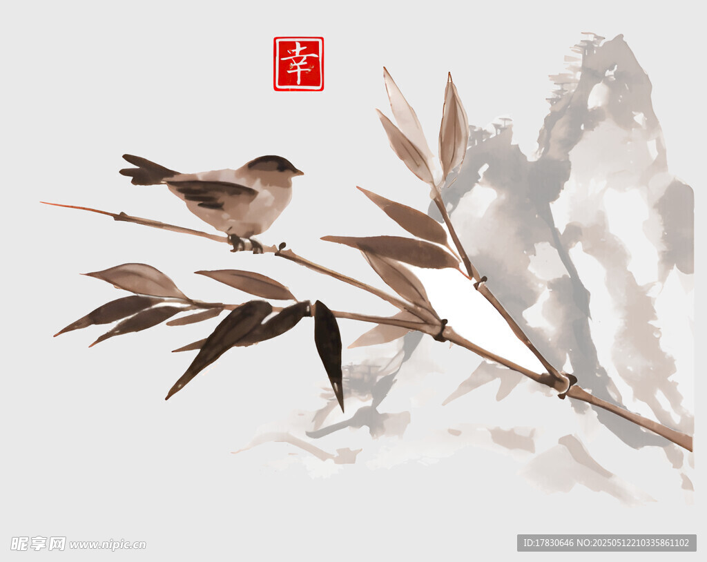 竹枝上的小鸟水墨画