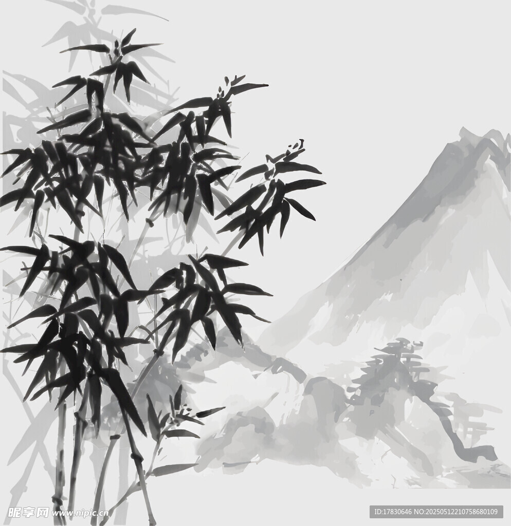 水墨竹林远山图