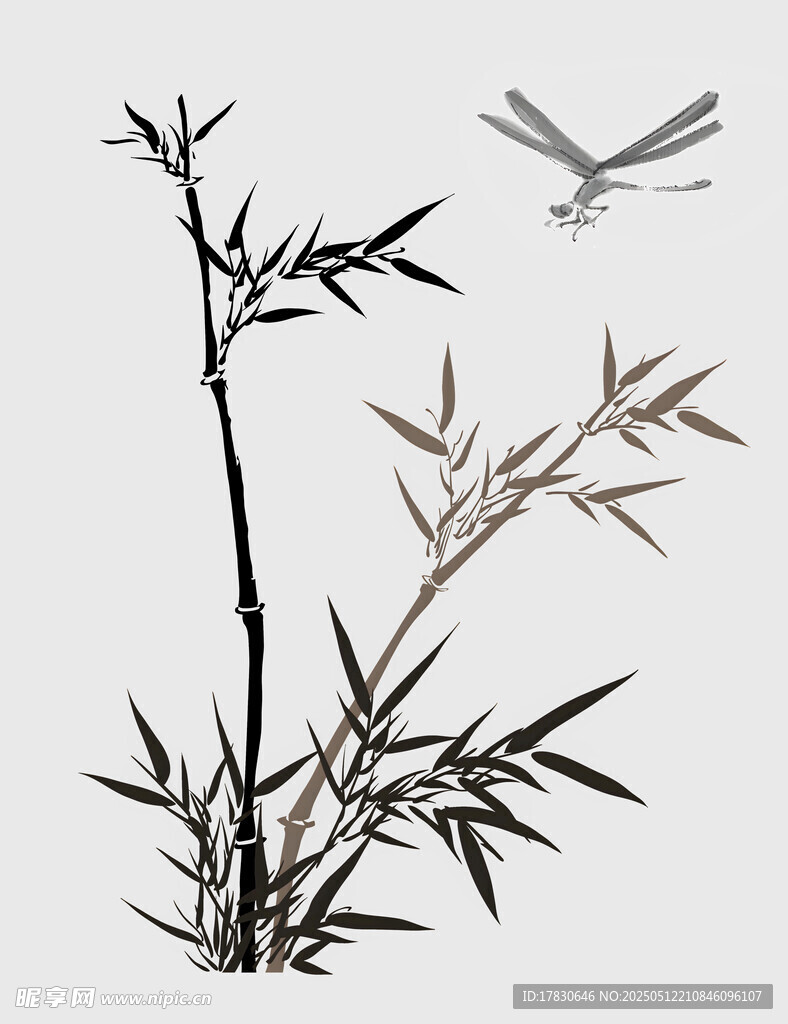 水墨竹枝旁的蜻蜓