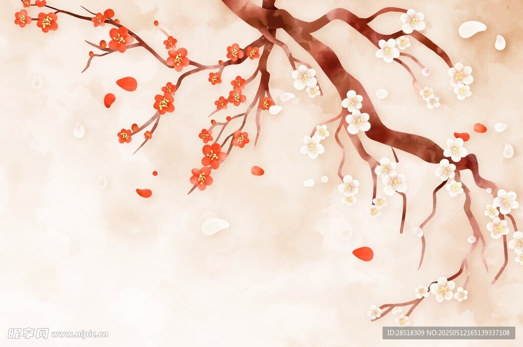 水墨风红梅树枝插画