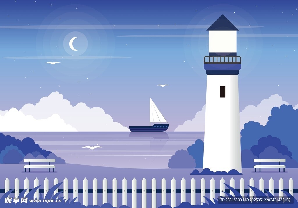 海边灯塔夜景宁静画面