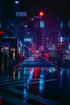 雨夜都市霓虹街道景象