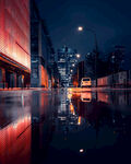 城市雨夜倒影中的静谧街景
