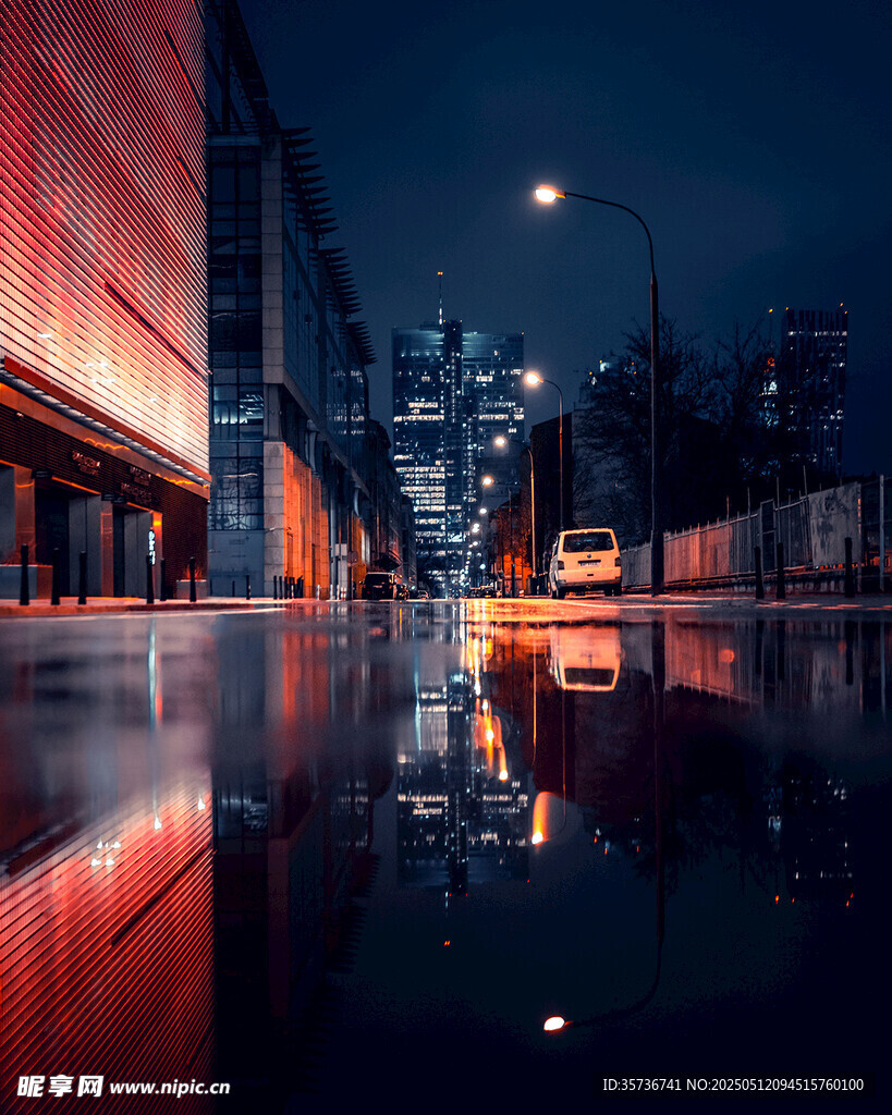 城市雨夜倒影中的静谧街景