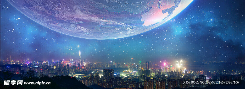 梦幻星球下的璀璨城市夜景