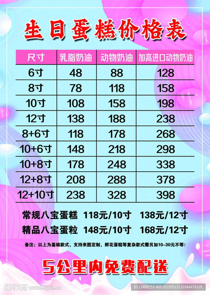 生日蛋糕价格表
