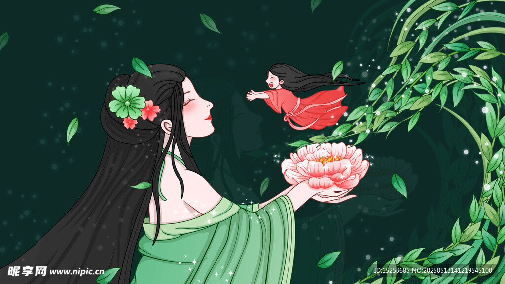 古风女子与飞鸟花卉图