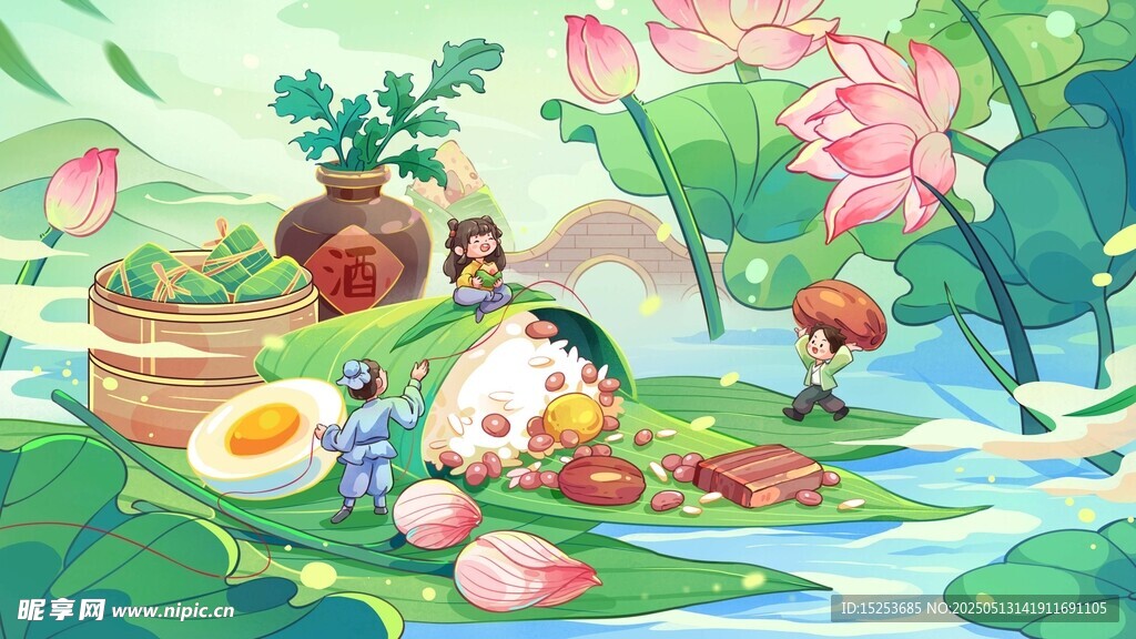 荷塘美食场景插画