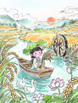 儿童泛舟赏田园水乡风光