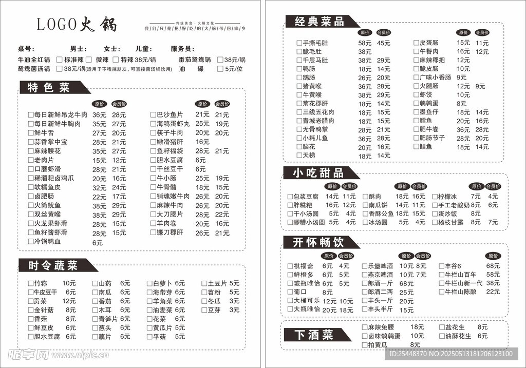 火锅店菜单