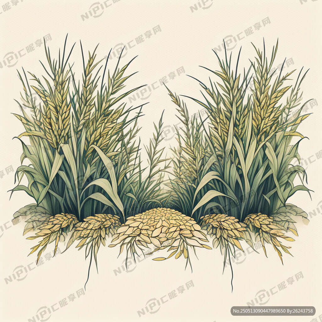手绘水稻多束排成多种姿态的插画