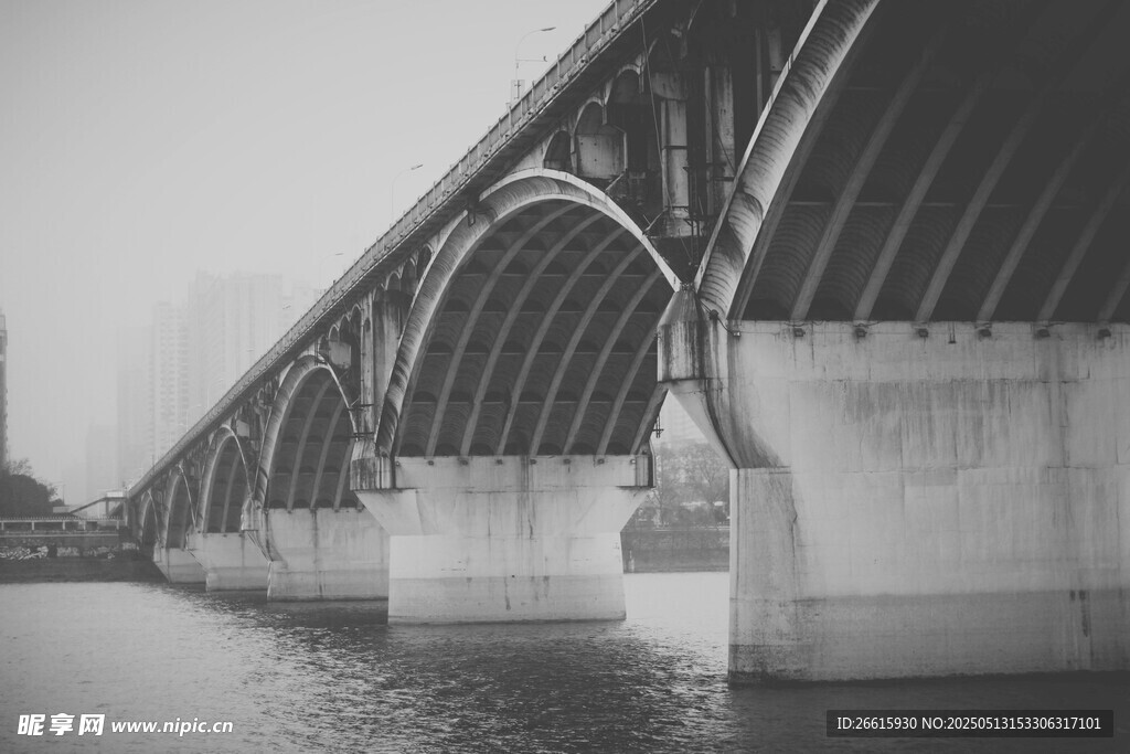 桥梁横跨水面的黑白景致