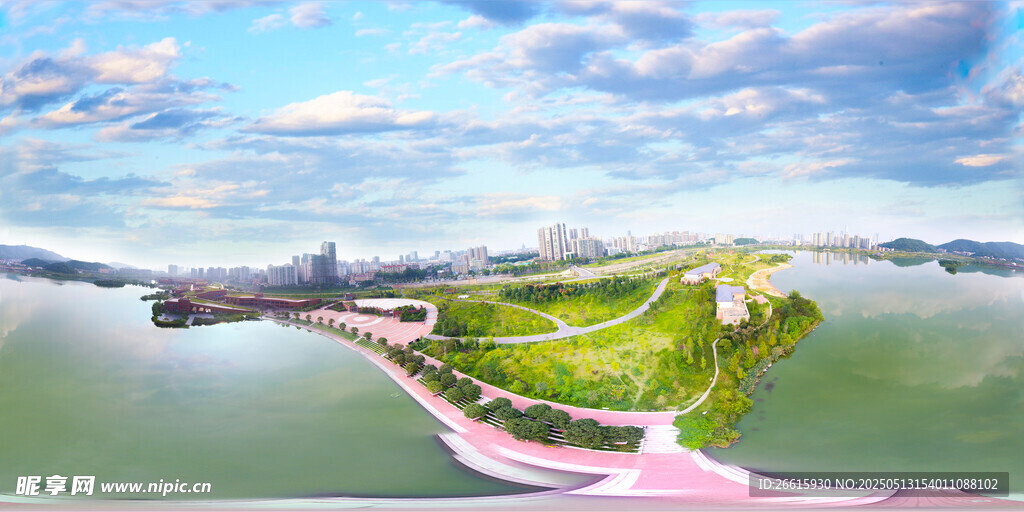 河畔美景 粉色步道与绿地