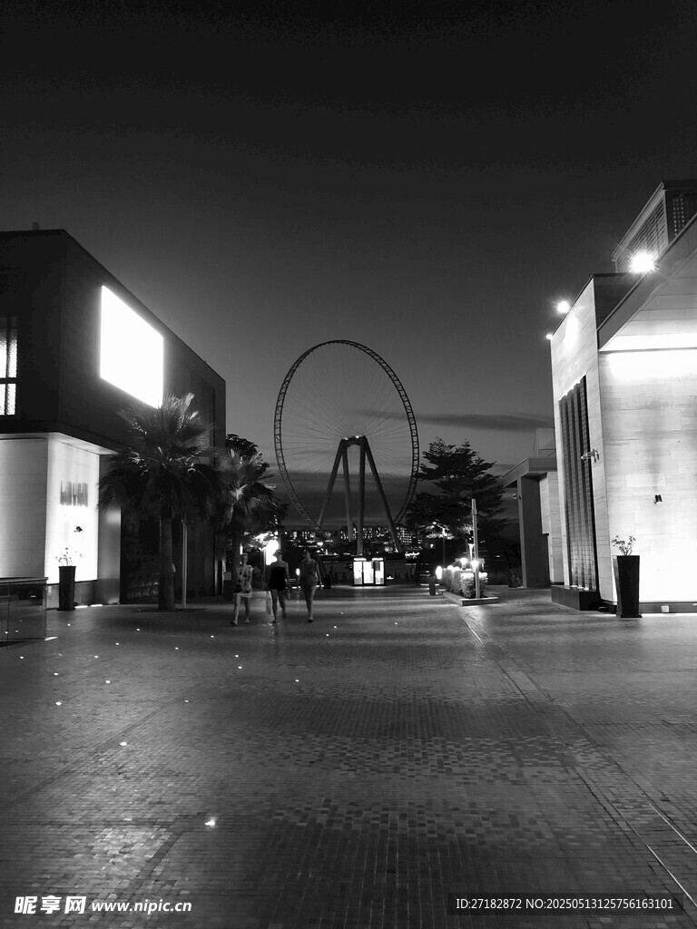 夜晚城市街道与摩天轮景观