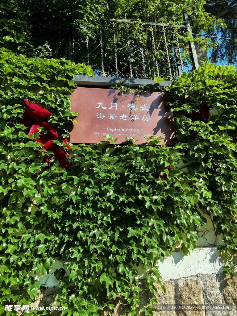 藤蔓覆盖的红墙景观
