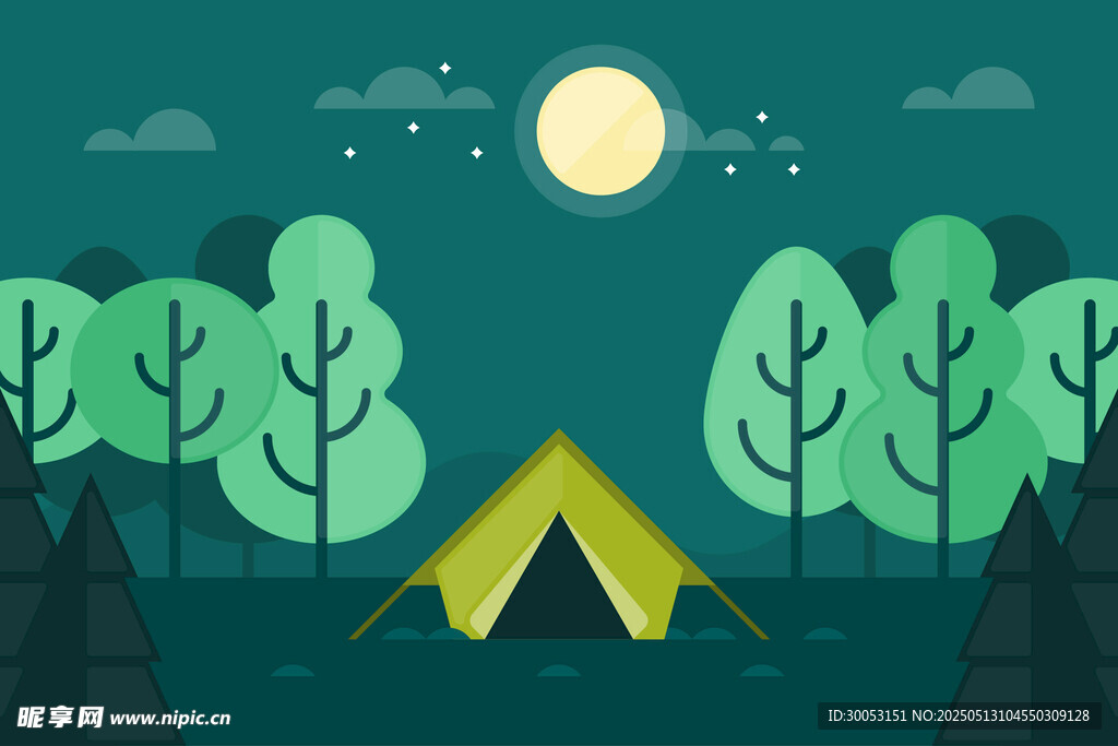 月夜下的森林露营场景