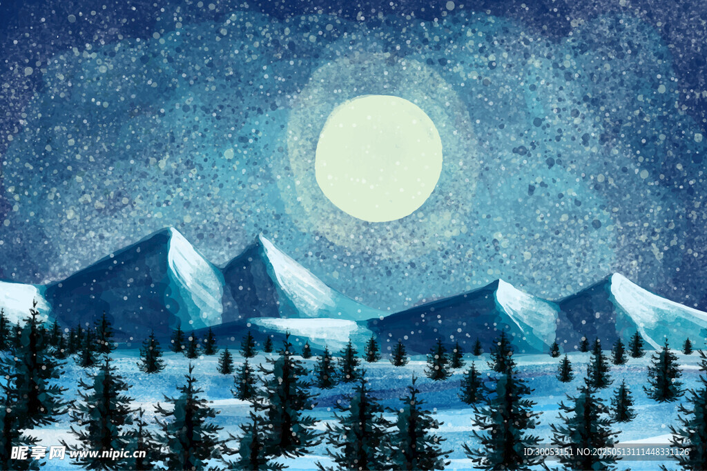 雪夜山林明月景