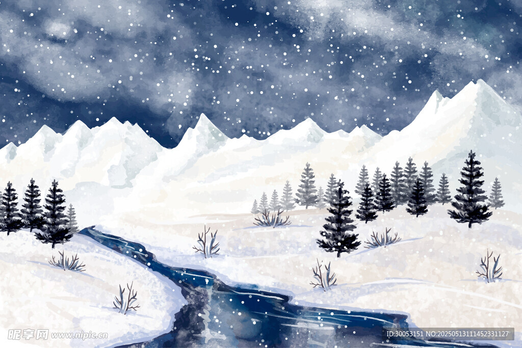 冬日雪山溪流雪景图