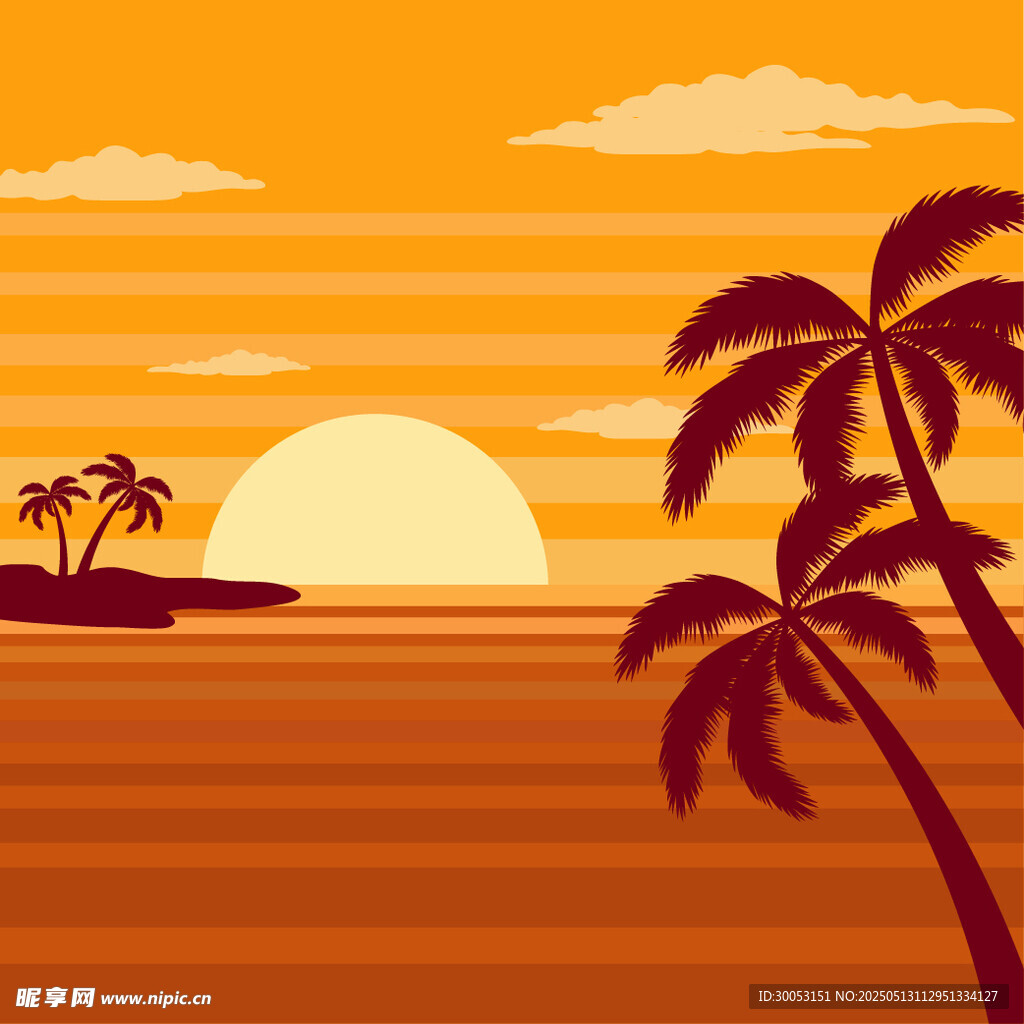 夕阳下的海边棕榈树美景