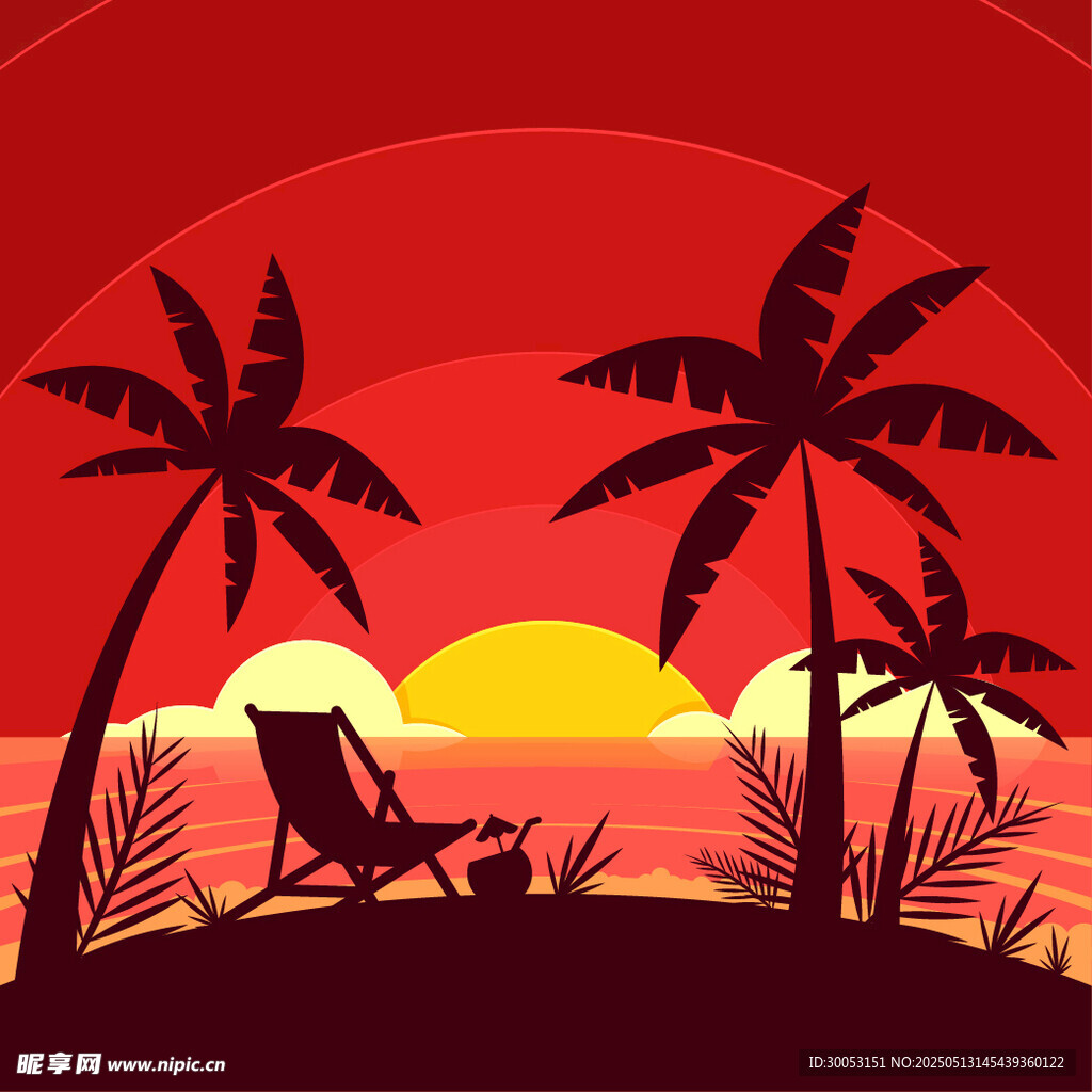 夕阳下的海滩休闲场景