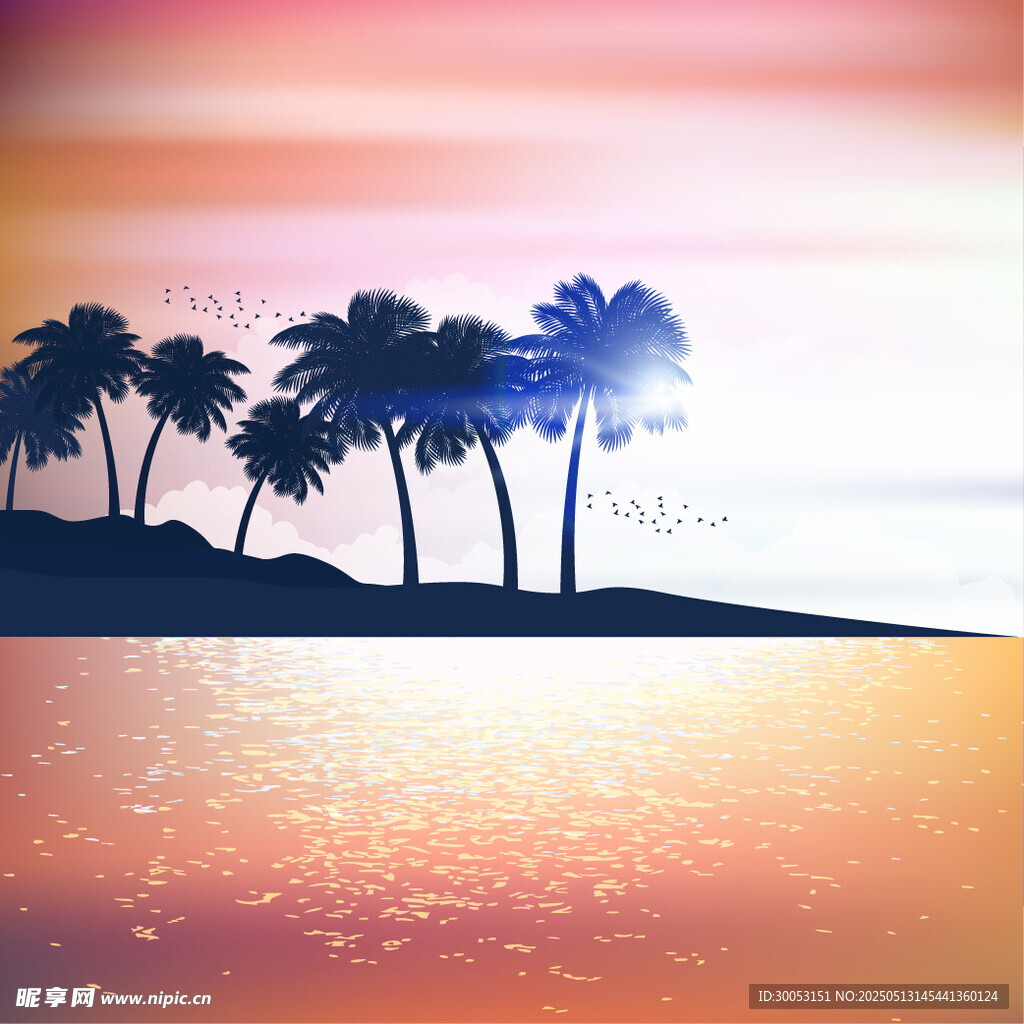 夕阳下的海边棕榈树剪影