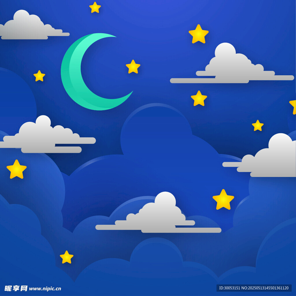 梦幻夜空云朵星星与月牙