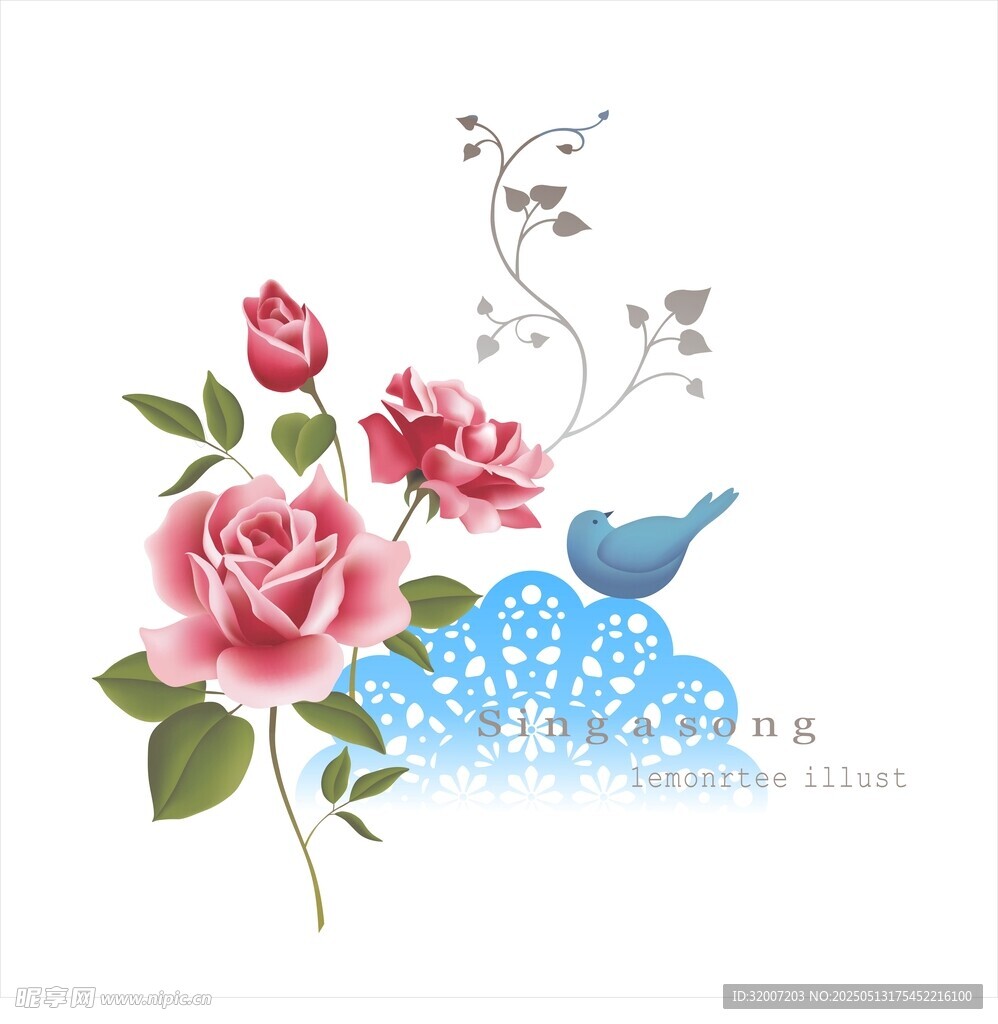 花鸟玫瑰装饰图案设计
