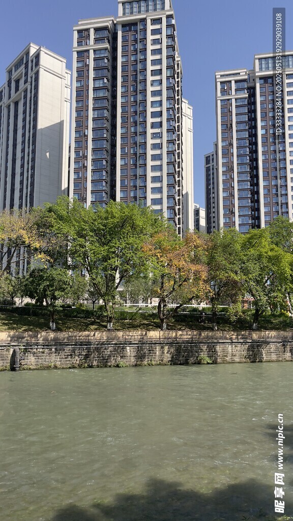 河畔高楼林立的城市风光