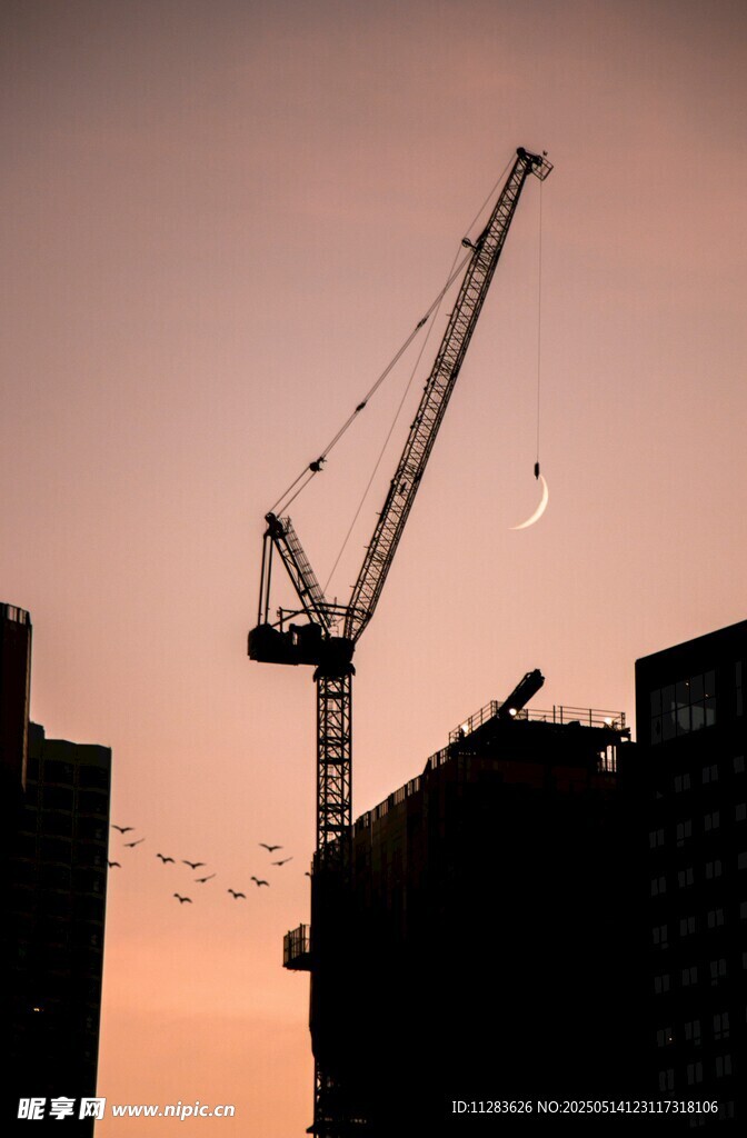 夕阳下的建筑起重机
