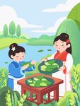 母女户外开心包粽子