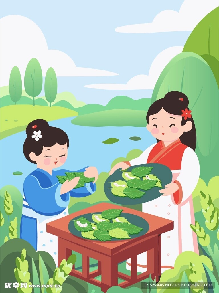 母女户外开心包粽子