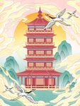 古风宝塔与仙鹤祥瑞图景